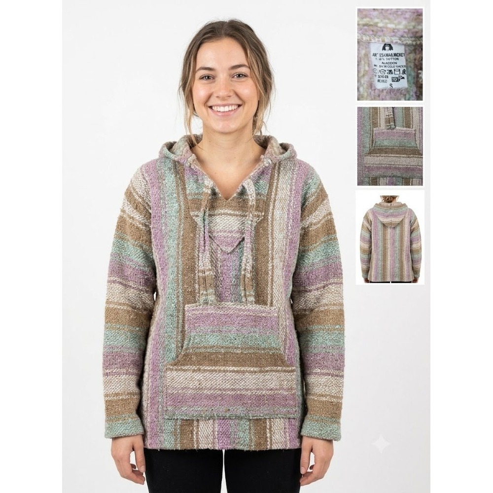Vintage Artesanias Mickey Baja Hoodie Drug Rug Striped Pullover Made in Mexico S